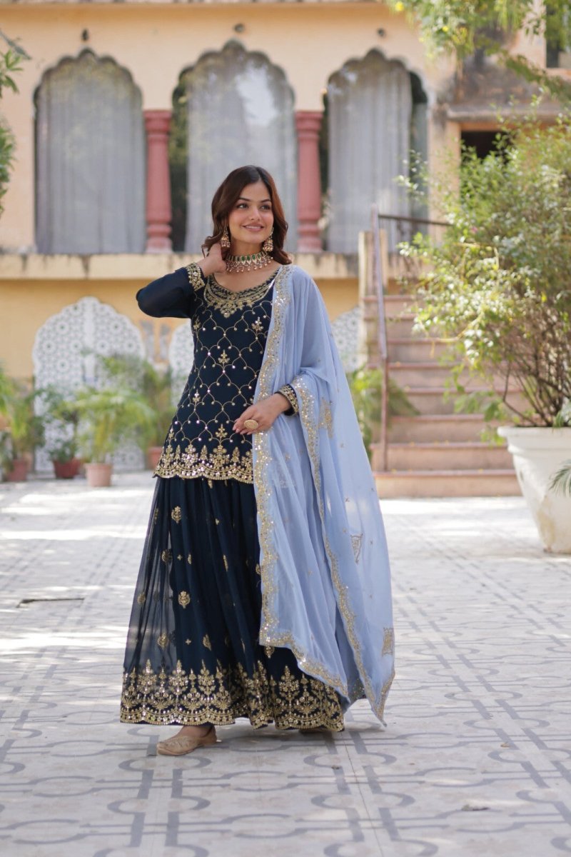 Georgette readymade Indian Pakistani Salwar Kameez Set – Palazzo Kurti Dupatta - 001FASHIONFORWARD