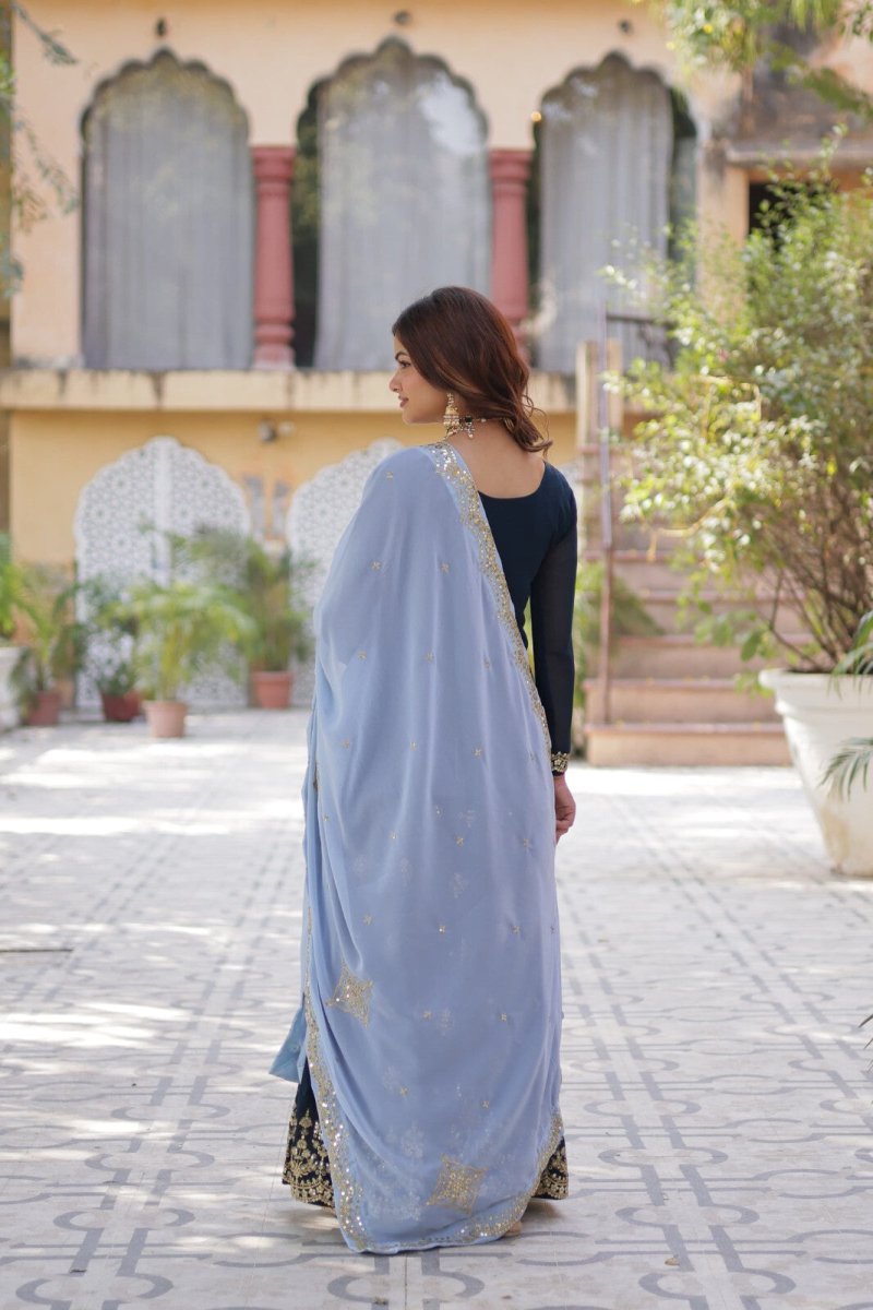 Georgette readymade Indian Pakistani Salwar Kameez Set – Palazzo Kurti Dupatta - 001FASHIONFORWARD