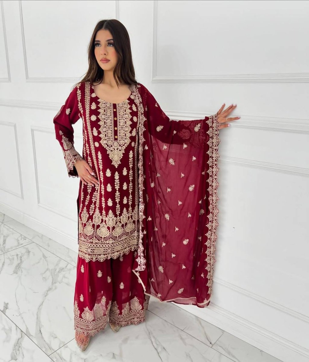 Georgette Red Heavy Work Embroidered Sharara Suit With Sequin Work - 001FASHIONFORWARD