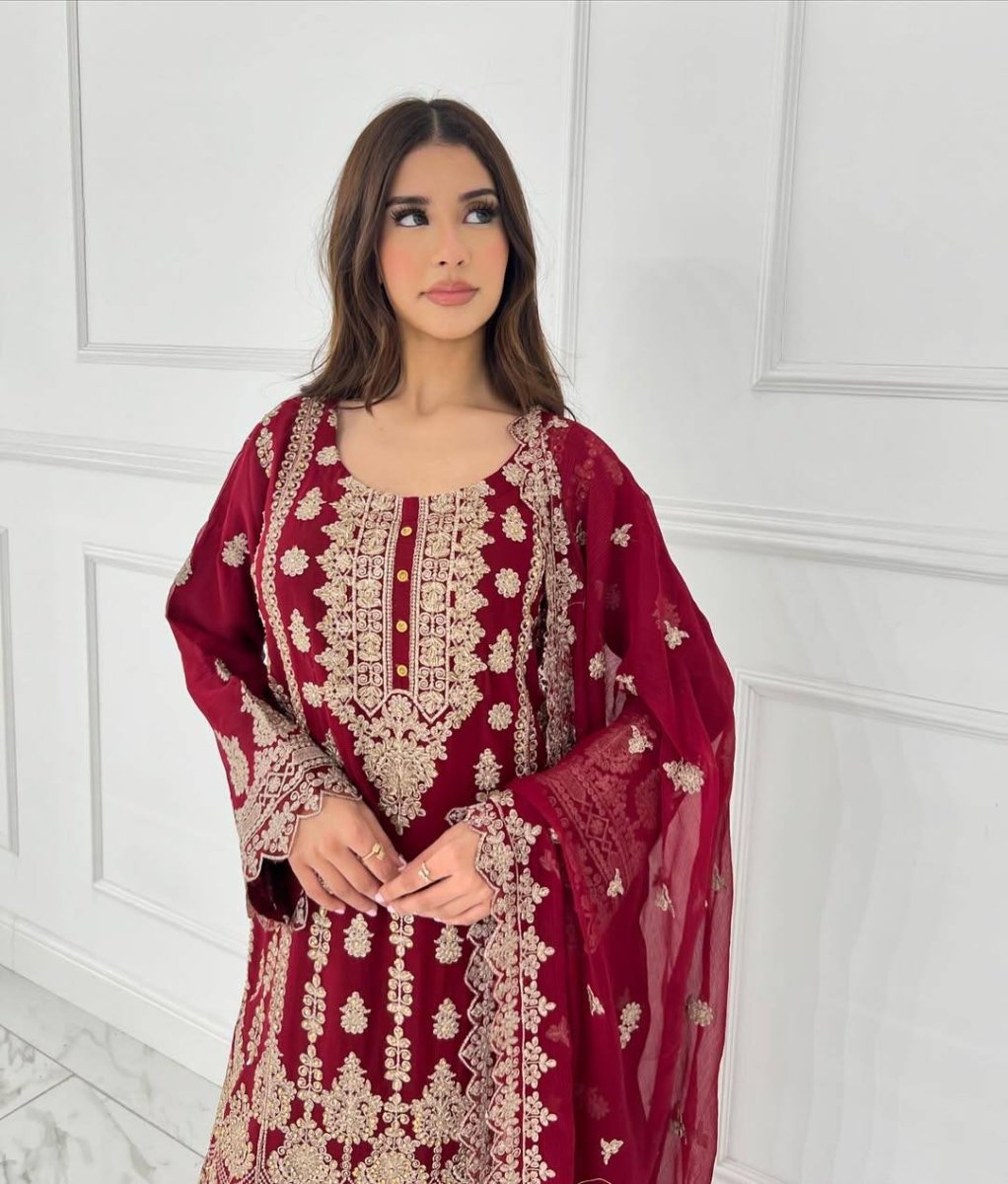 Georgette Red Heavy Work Embroidered Sharara Suit With Sequin Work - 001FASHIONFORWARD