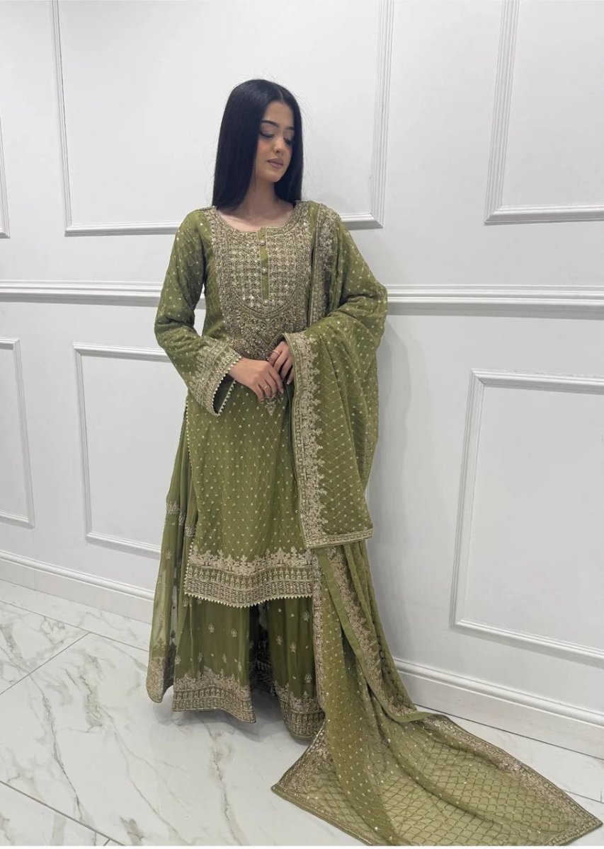 Green Designer Sharara Suit WIth Thread Embroidery & Sequin Work - 001FASHIONFORWARD
