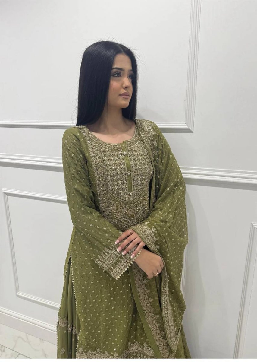 Green Designer Sharara Suit WIth Thread Embroidery & Sequin Work - 001FASHIONFORWARD