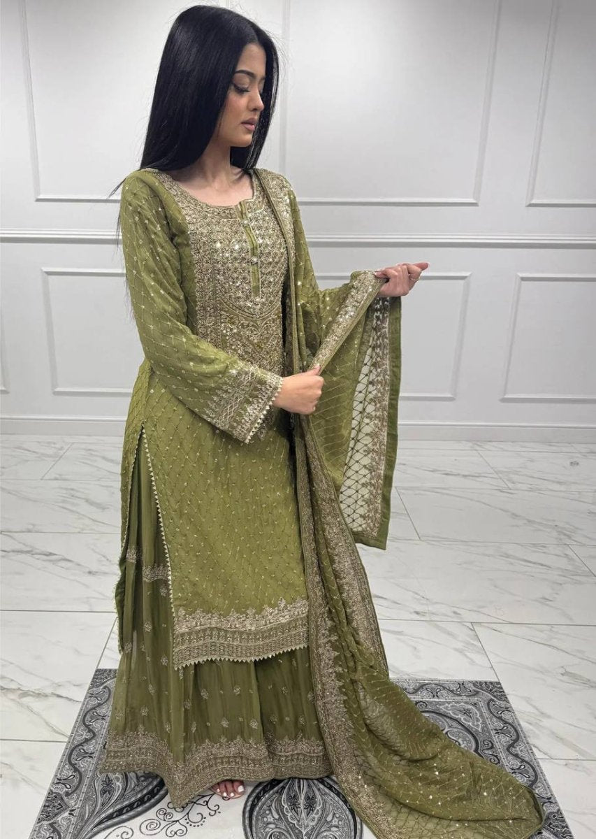 Green Designer Sharara Suit WIth Thread Embroidery & Sequin Work - 001FASHIONFORWARD