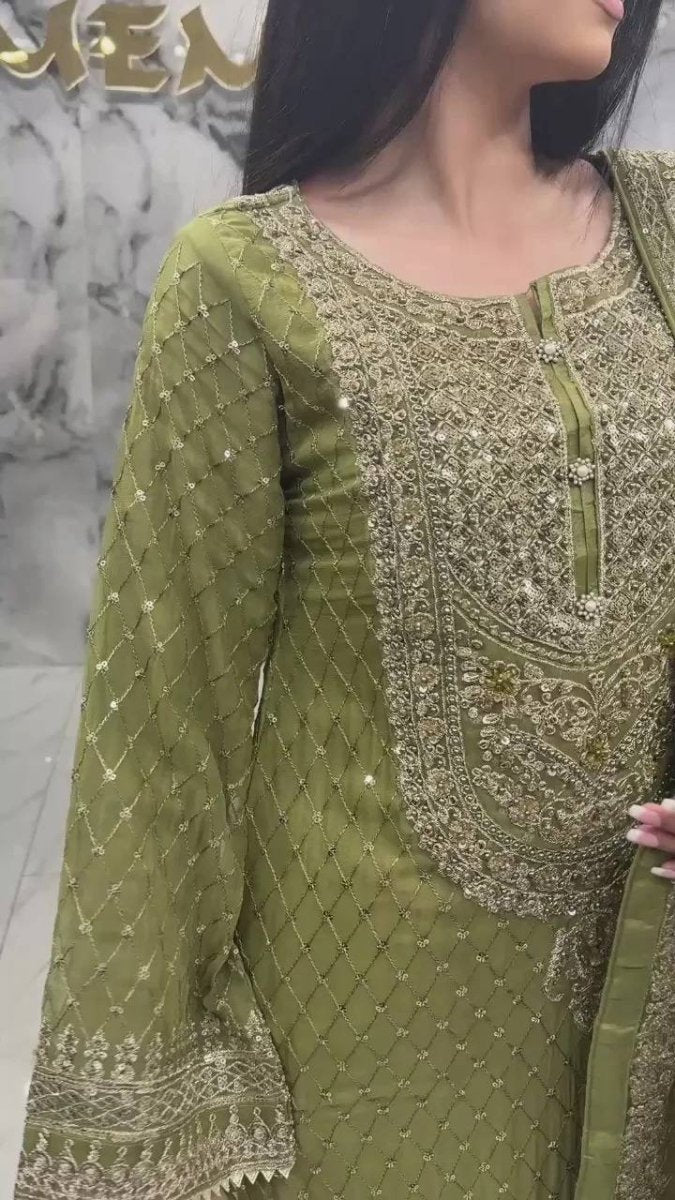 Green Designer Sharara Suit WIth Thread Embroidery & Sequin Work - 001FASHIONFORWARD