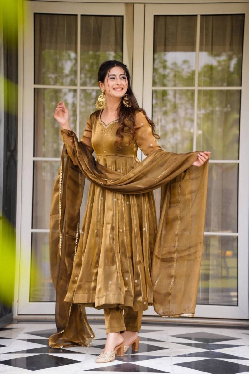 Green Jimmi Choo Anarkali Gown With Thread & Mirror Work - 001FASHIONFORWARD