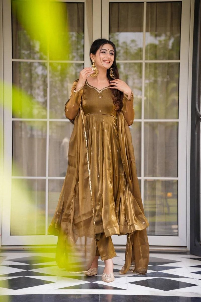 Green Jimmi Choo Anarkali Gown With Thread & Mirror Work - 001FASHIONFORWARD