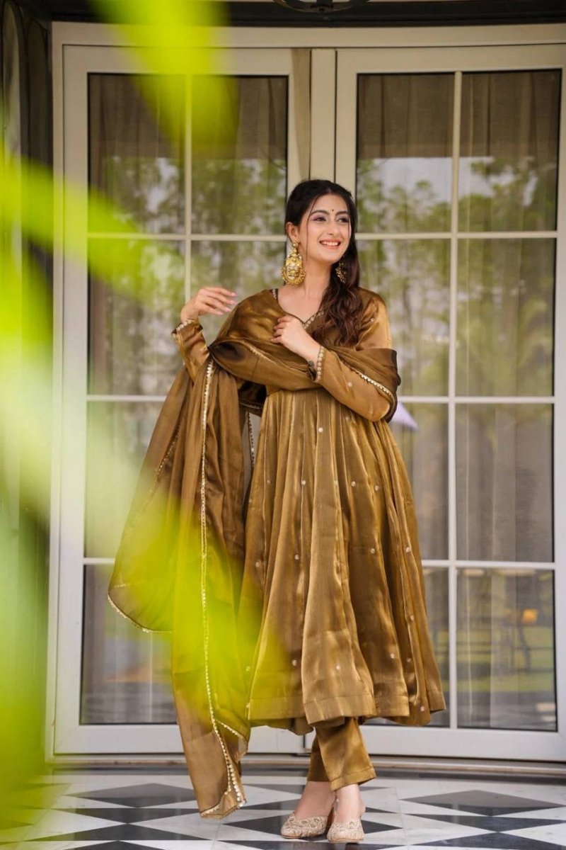 Green Jimmi Choo Anarkali Gown With Thread & Mirror Work - 001FASHIONFORWARD