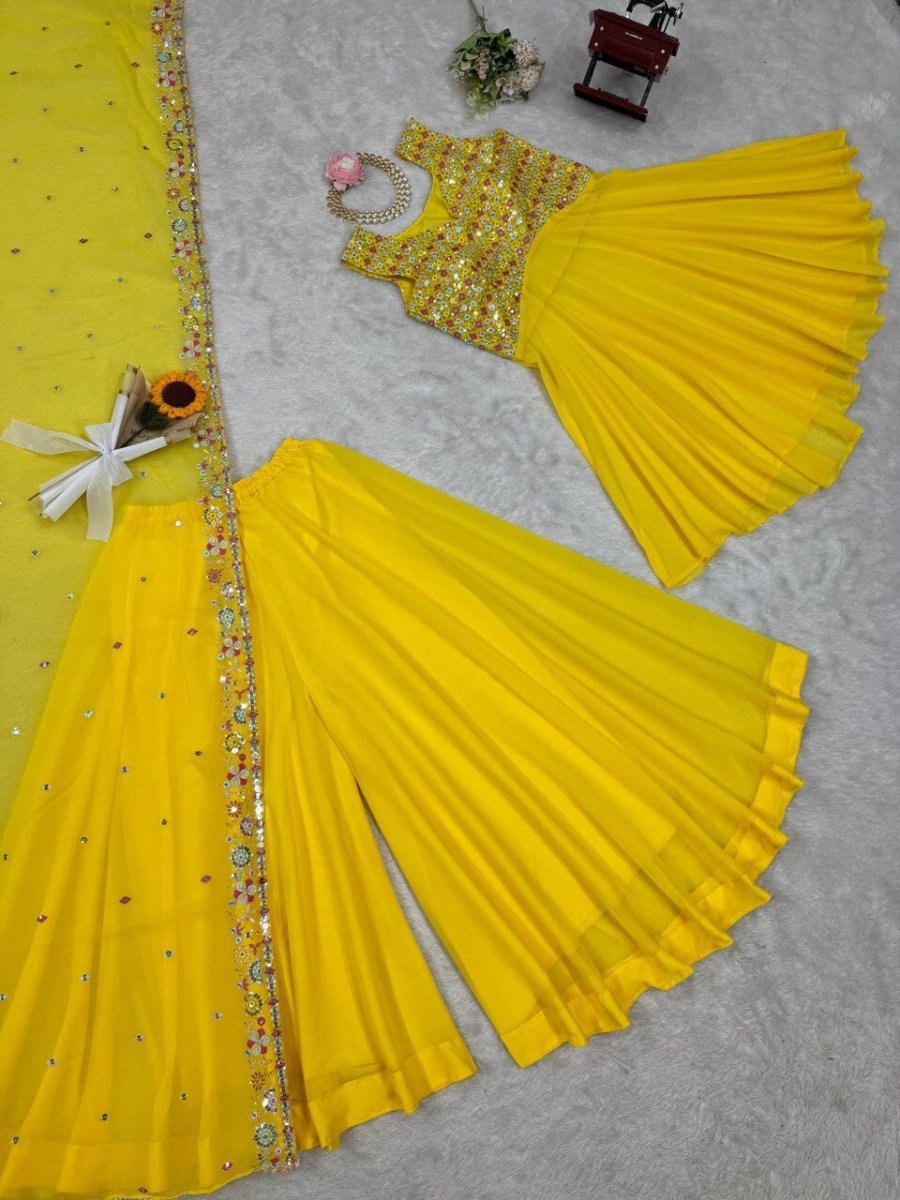 Haldi Outfit for Women - Yellow Plazo Kurti Dupatta Set - 001FASHIONFORWARD