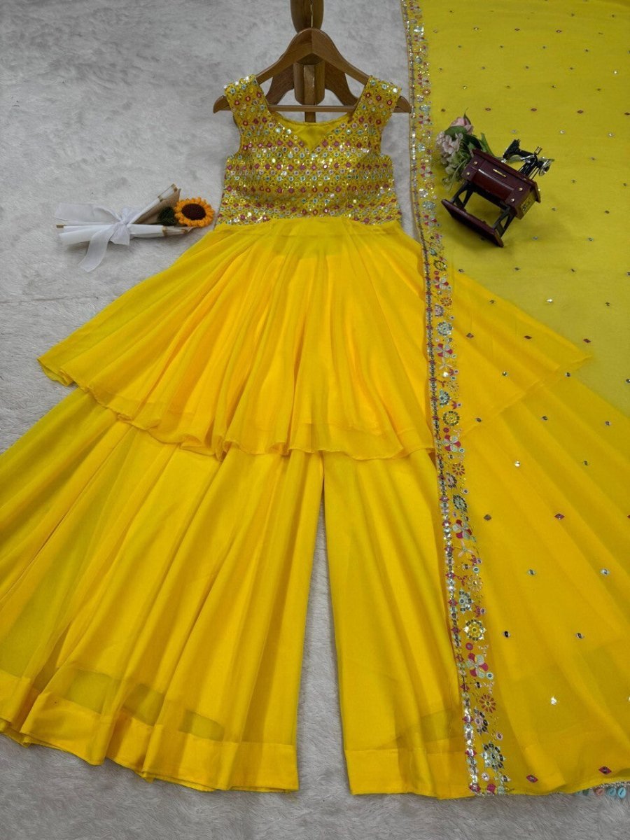 Haldi Outfit for Women - Yellow Plazo Kurti Dupatta Set - 001FASHIONFORWARD