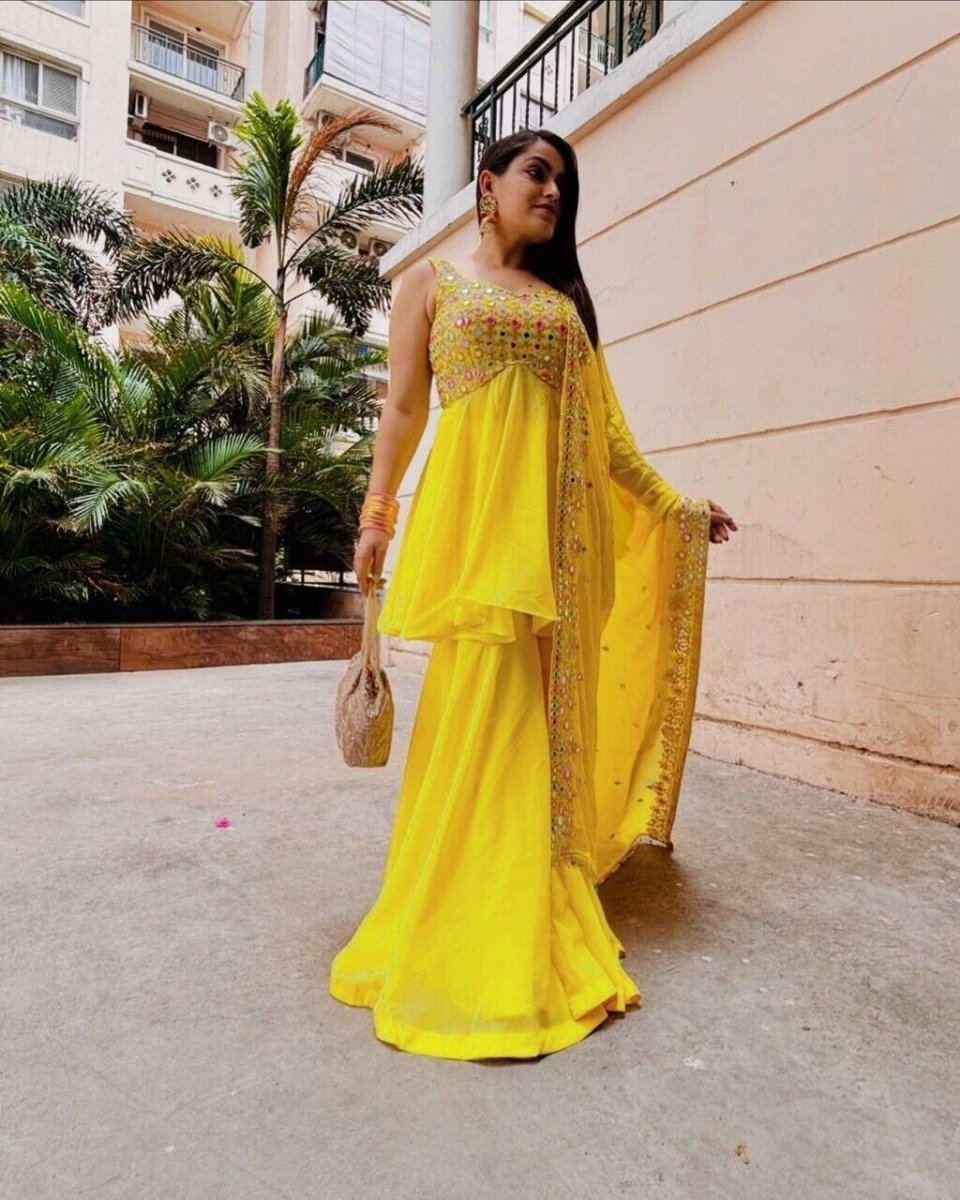 Haldi Outfit for Women - Yellow Plazo Kurti Dupatta Set - 001FASHIONFORWARD