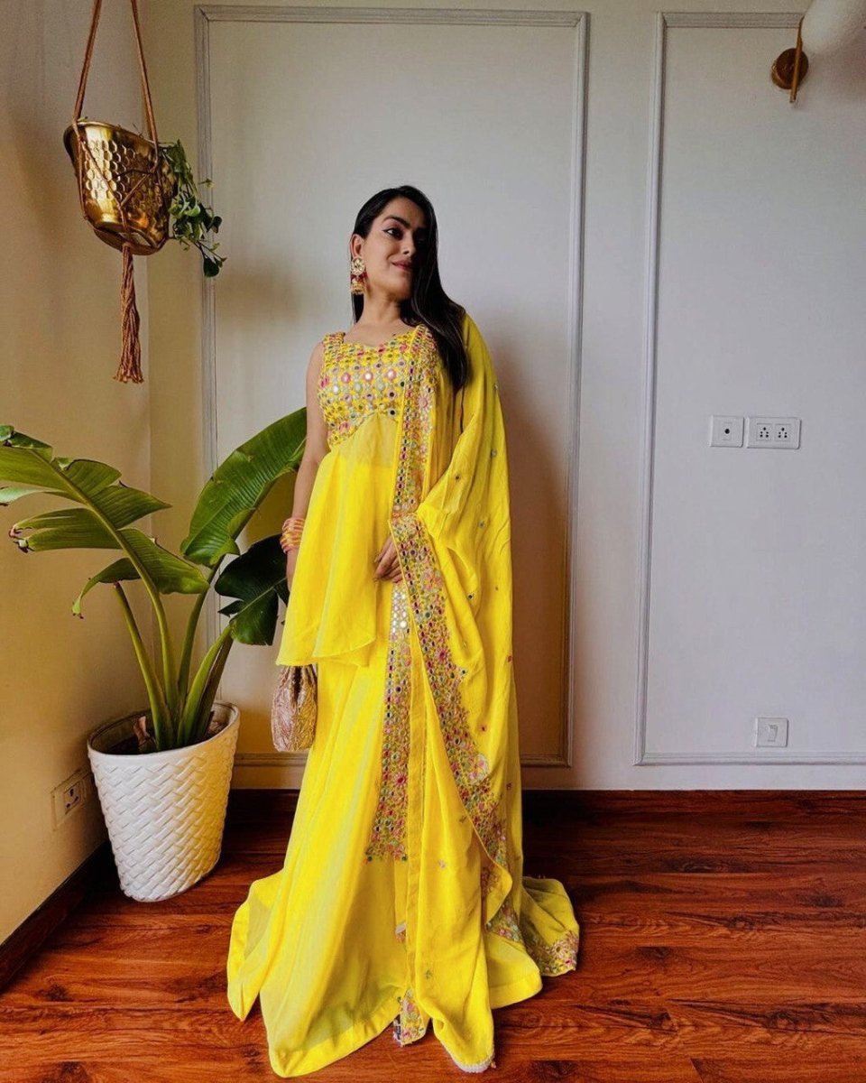 Haldi Outfit for Women - Yellow Plazo Kurti Dupatta Set - 001FASHIONFORWARD
