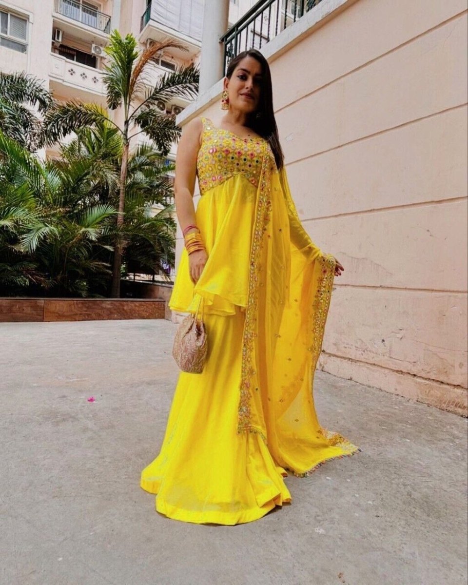 Haldi Outfit for Women - Yellow Plazo Kurti Dupatta Set - 001FASHIONFORWARD