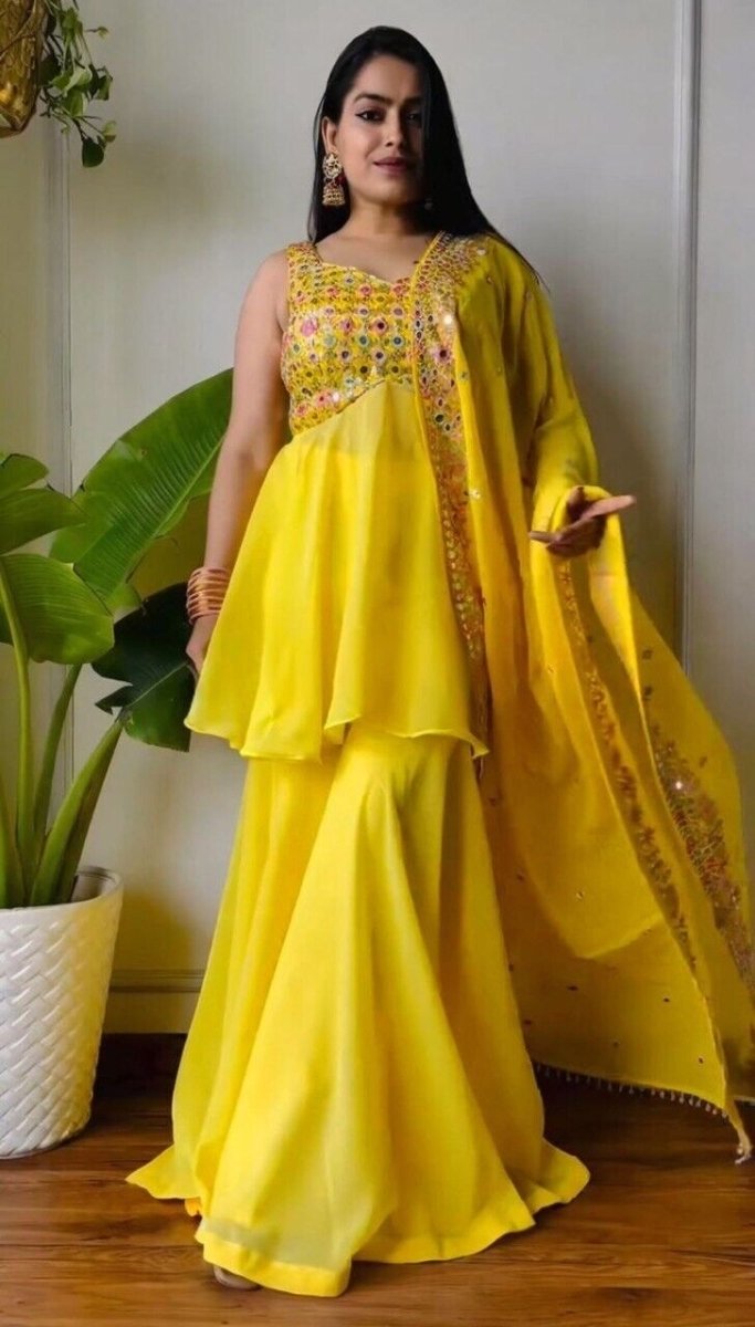 Haldi Outfit for Women - Yellow Plazo Kurti Dupatta Set - 001FASHIONFORWARD