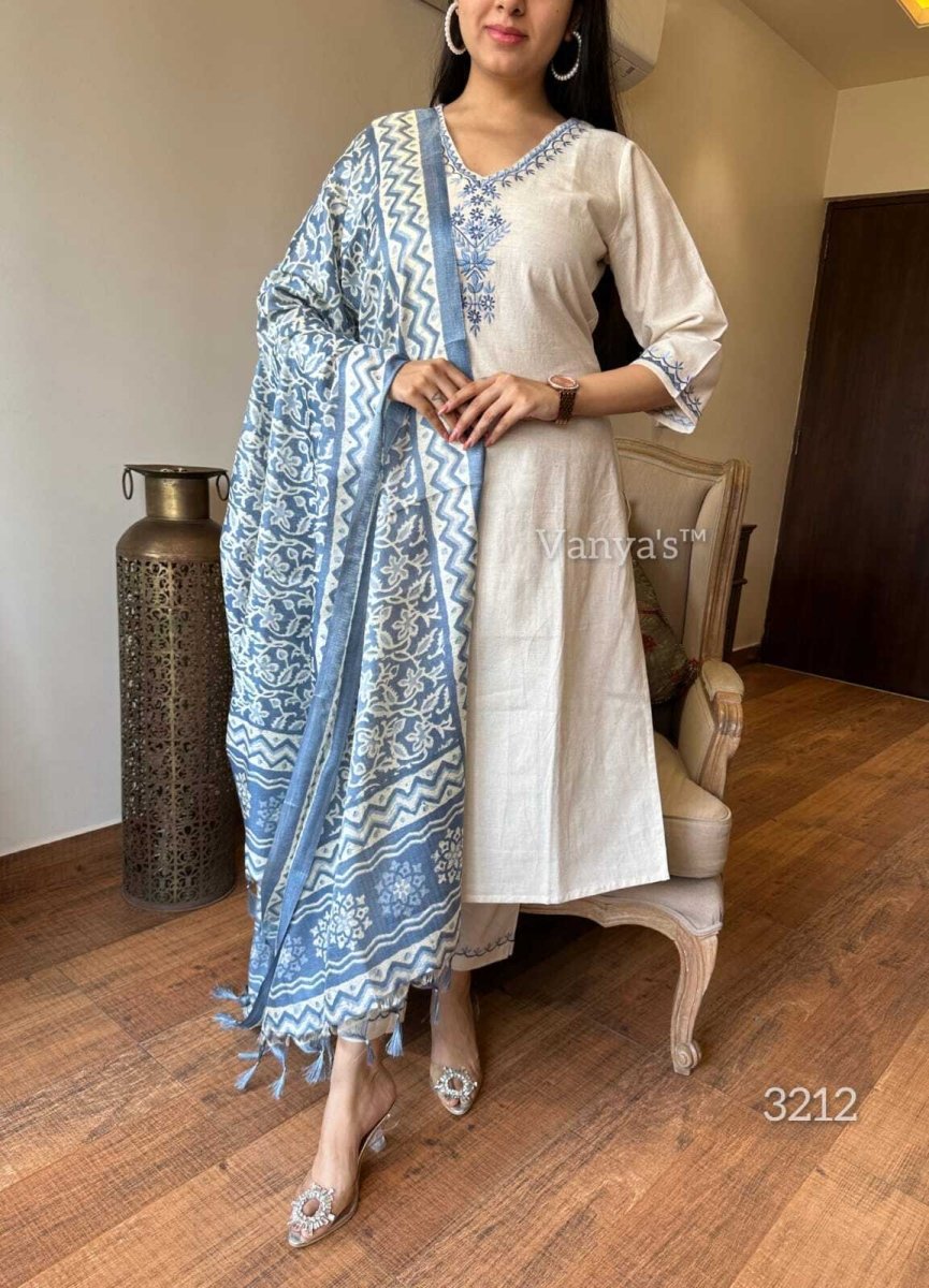 Handloom Cotton Flex Embroidered Kurti Salwar Kameez with Cotton Dupatta - 001FASHIONFORWARD