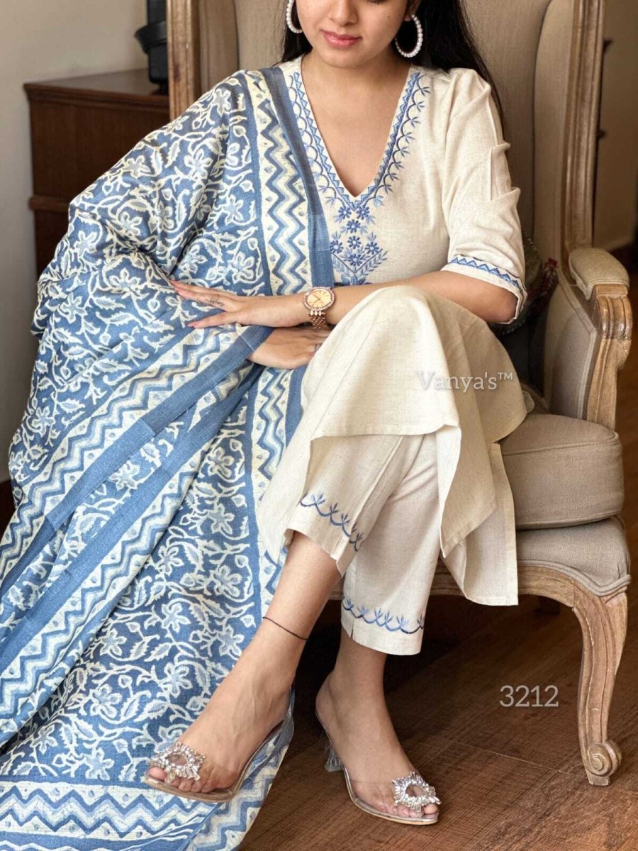 Handloom Cotton Flex Embroidered Kurti Salwar Kameez with Cotton Dupatta - 001FASHIONFORWARD