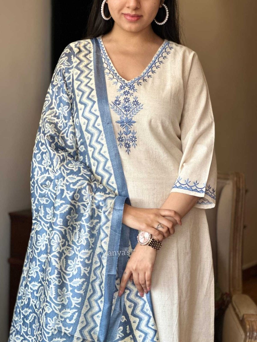 Handloom Cotton Flex Embroidered Kurti Salwar Kameez with Cotton Dupatta - 001FASHIONFORWARD
