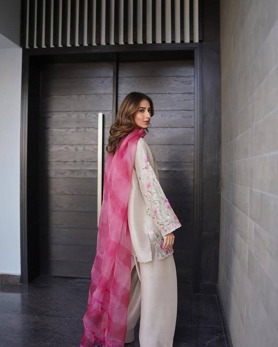 Hex Color Designer Farsi suit With Embroidery Work & Pink Duppatta - 001FASHIONFORWARD