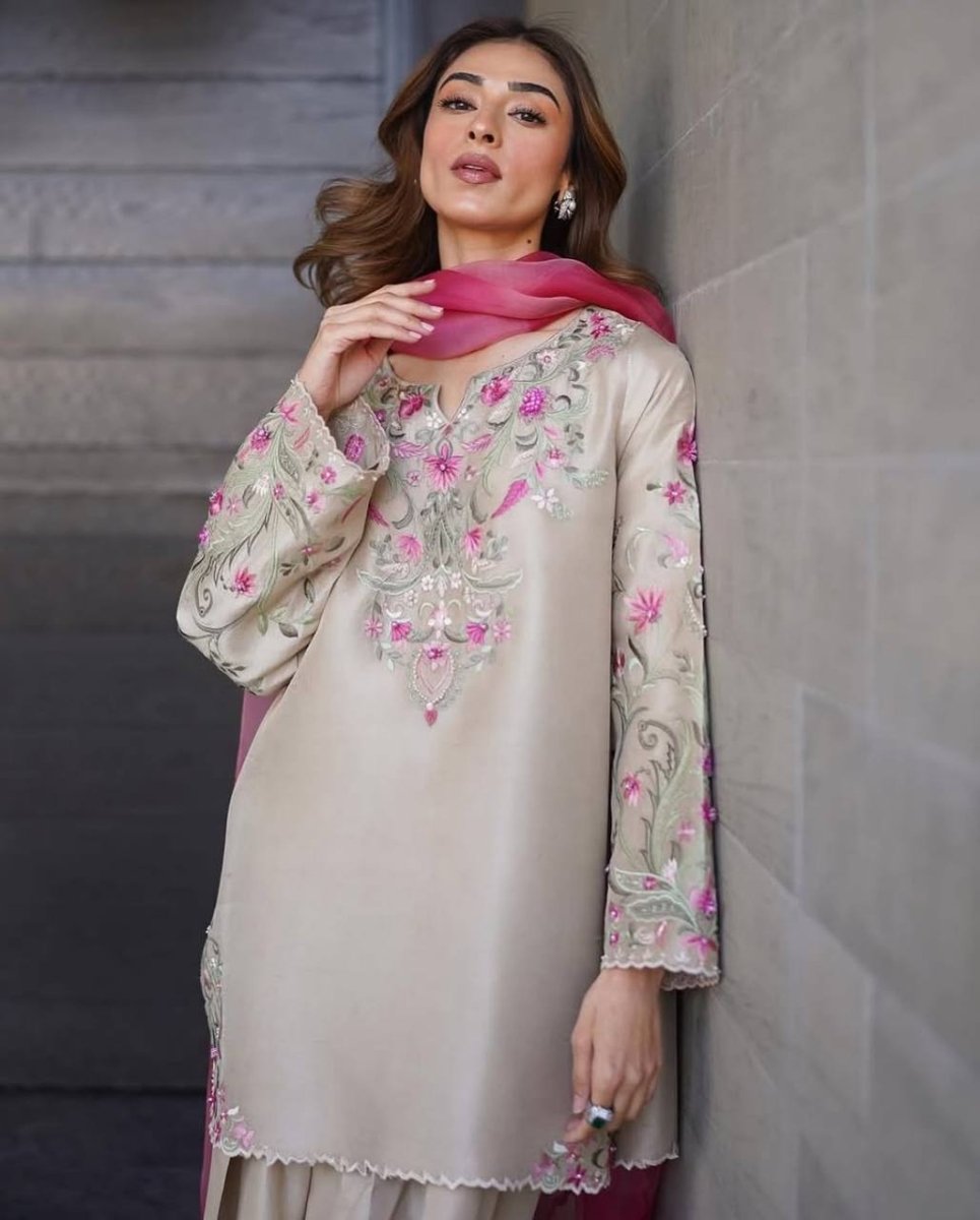 Hex Color Designer Farsi suit With Embroidery Work & Pink Duppatta - 001FASHIONFORWARD