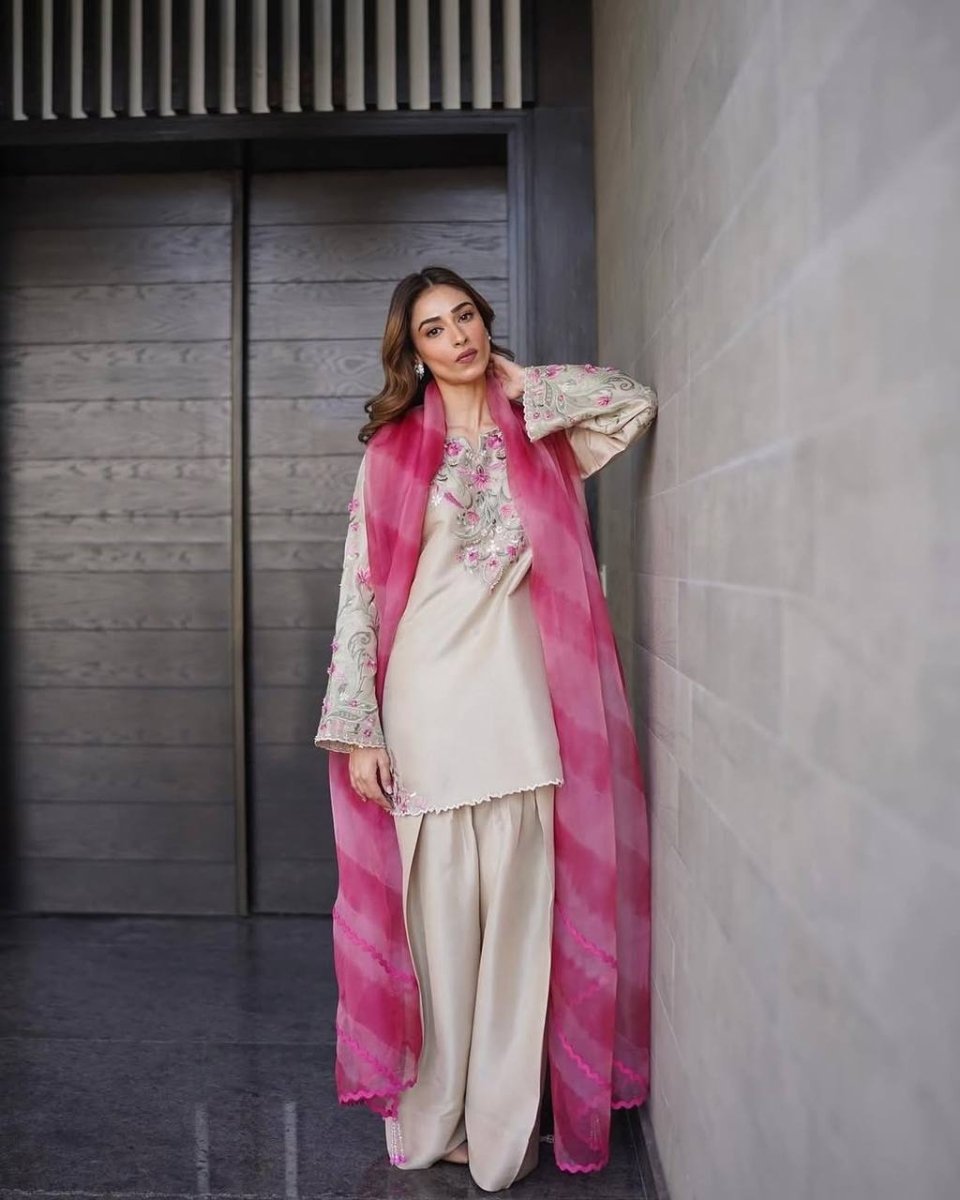 Hex Color Designer Farsi suit With Embroidery Work & Pink Duppatta - 001FASHIONFORWARD