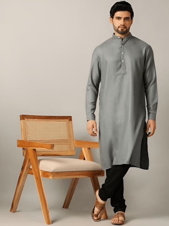 High - Quality Men’s Long kurta Grey Solid traditional Kurta - Party Wear - 001FASHIONFORWARD