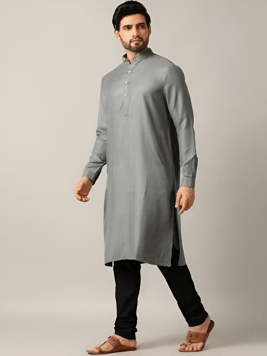 High - Quality Men’s Long kurta Grey Solid traditional Kurta - Party Wear - 001FASHIONFORWARD
