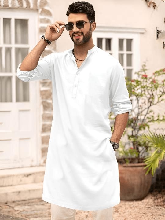 High - Quality Men’s Solid White Long Full Kurta - Party Wear (Plus Size) - 001FASHIONFORWARD