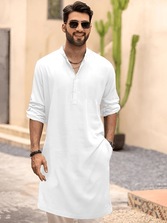 High - Quality Men’s Solid White Long Full Kurta - Party Wear (Plus Size) - 001FASHIONFORWARD