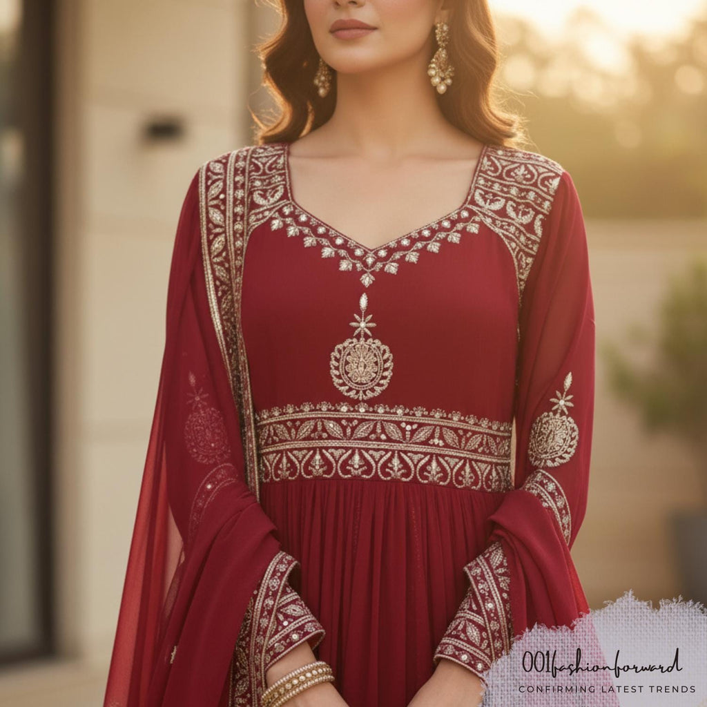 Fox Georgette Anarkali Gown with Dupatta & Pants | Embroidered Sequin Work | Party Wear Long Dress | Wedding Guest Outfit