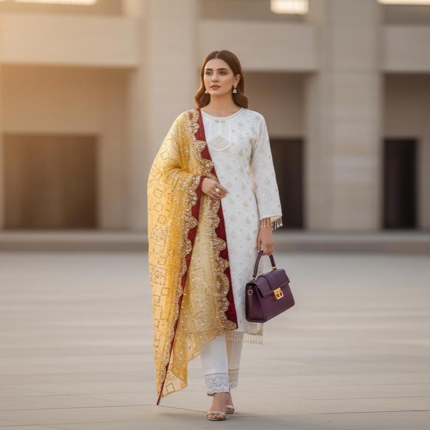 New Readymade Beads work  Embroidered Flared Salwar kameez suit 3 pcs set with pant dupatta for Women / Indian Ethnic Wear/ Kurta Set Dress