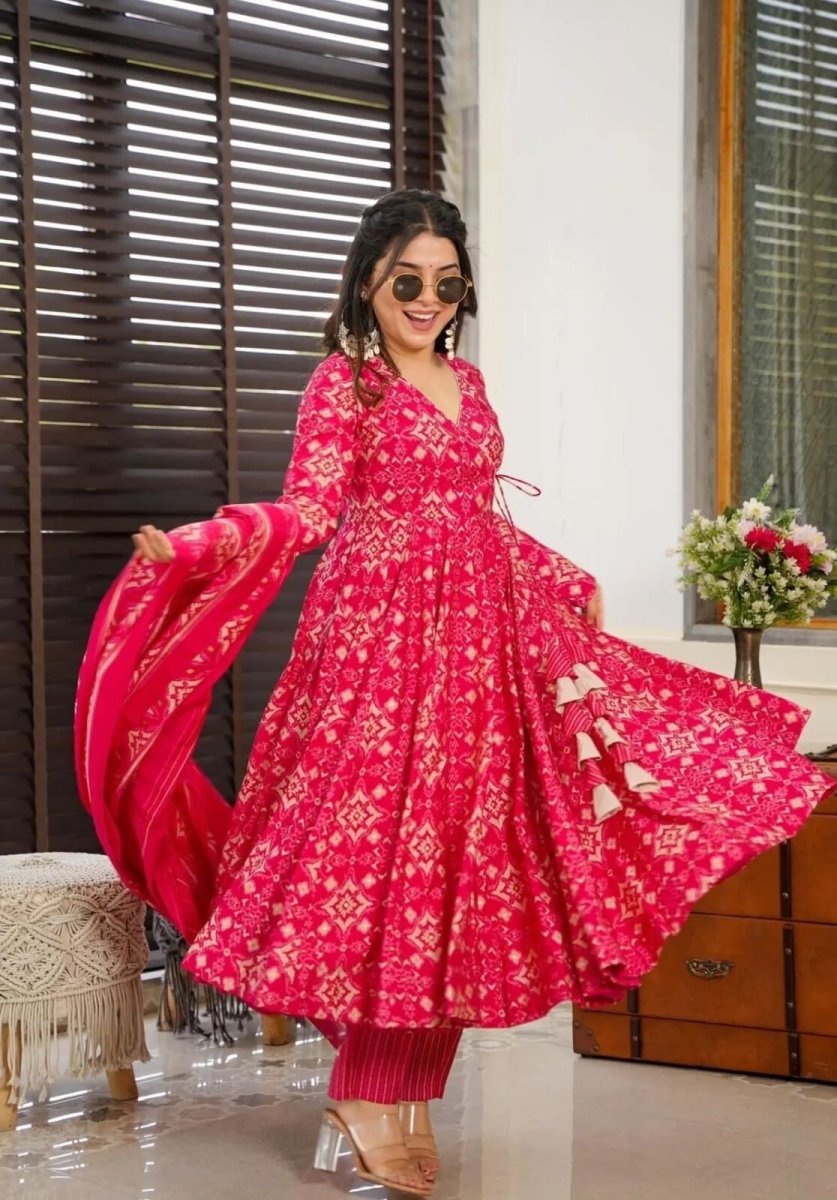Indian Anarkali Gown Full length Kurta Set – Pure Cotton with Tassel Dori Work - 001FASHIONFORWARD