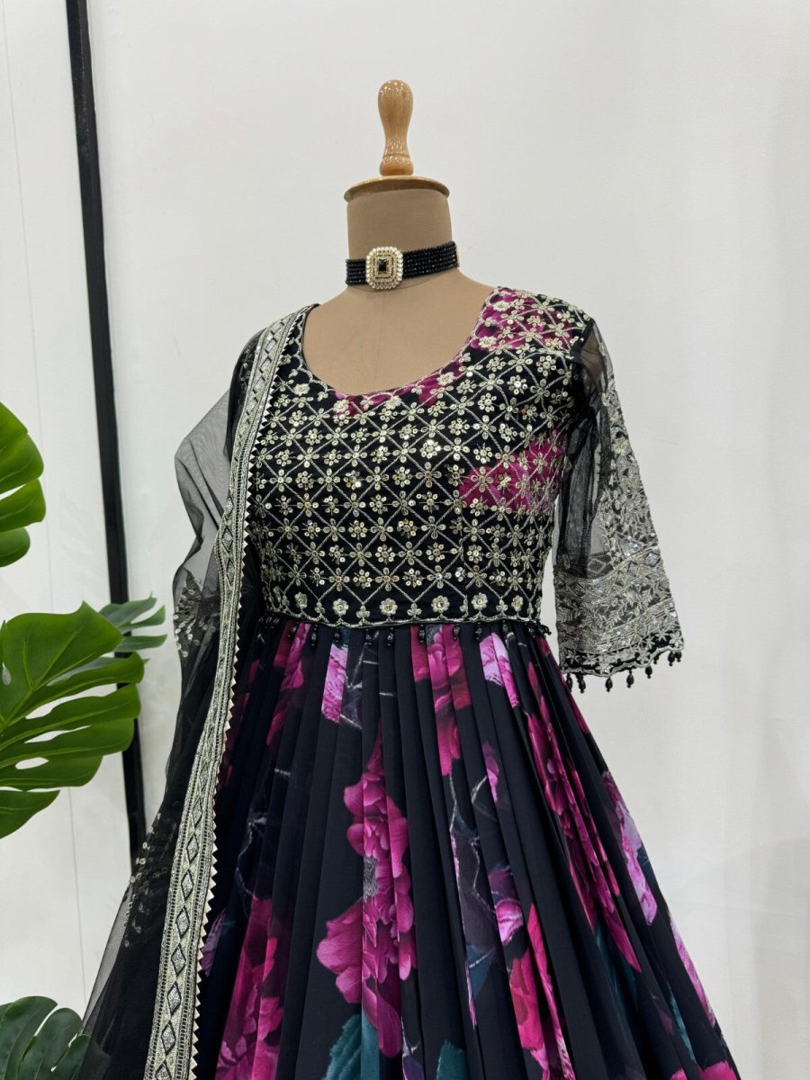 Indian Anarkali Style Georgette Fabric Gown with Dupatta - Party Wear Dress - 001FASHIONFORWARD