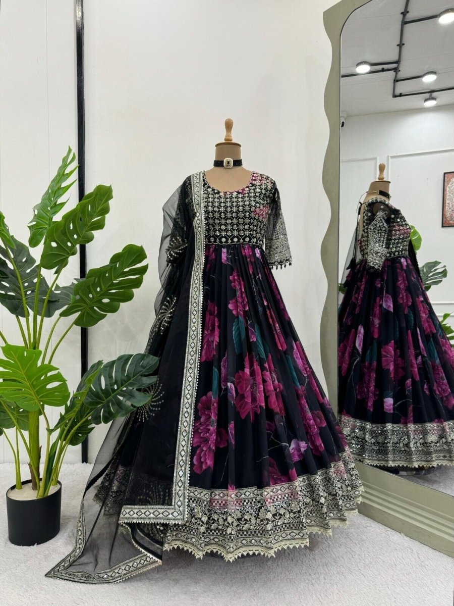 Indian Anarkali Style Georgette Fabric Gown with Dupatta - Party Wear Dress - 001FASHIONFORWARD