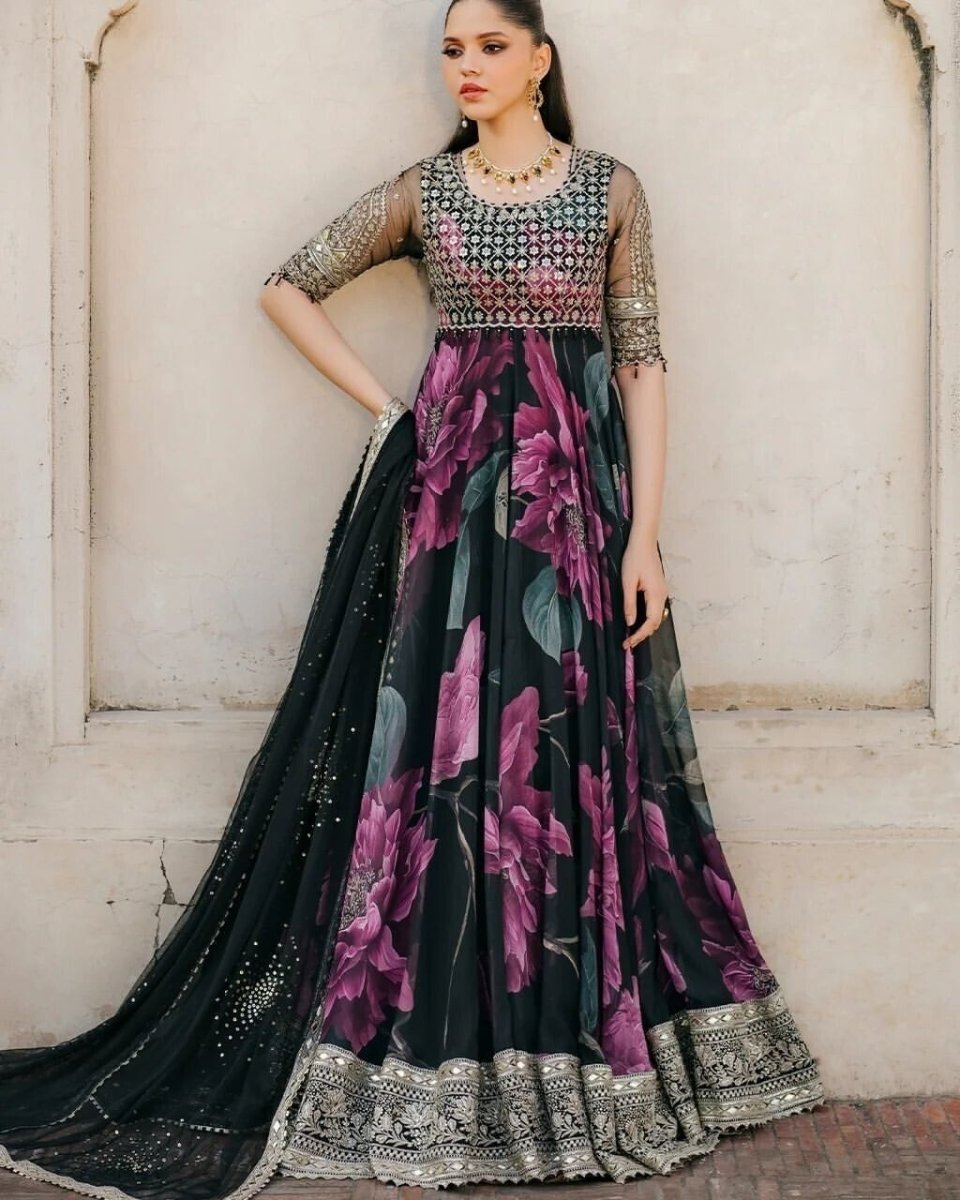 Indian Anarkali Style Georgette Fabric Gown with Dupatta - Party Wear Dress - 001FASHIONFORWARD