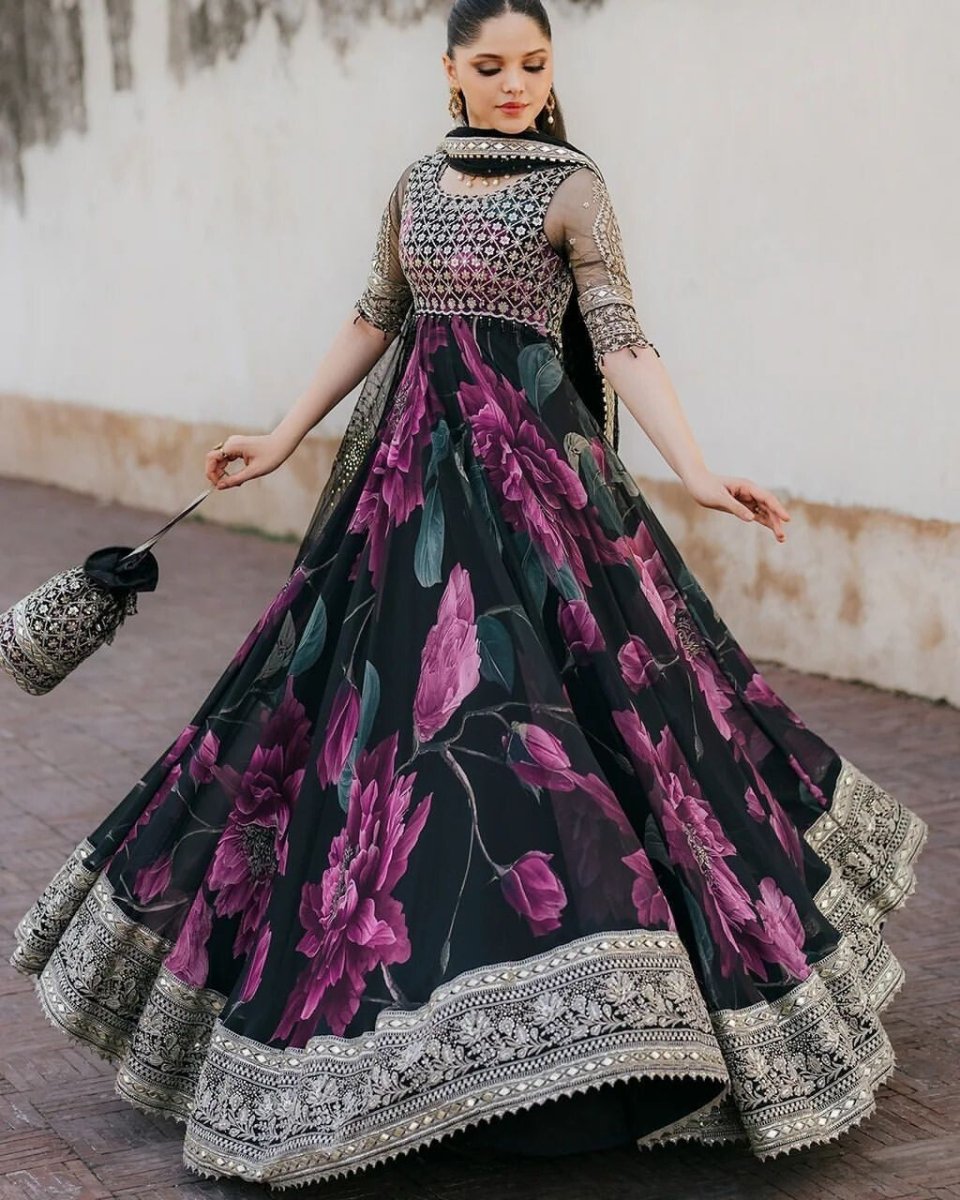 Indian Anarkali Style Georgette Fabric Gown with Dupatta - Party Wear Dress - 001FASHIONFORWARD