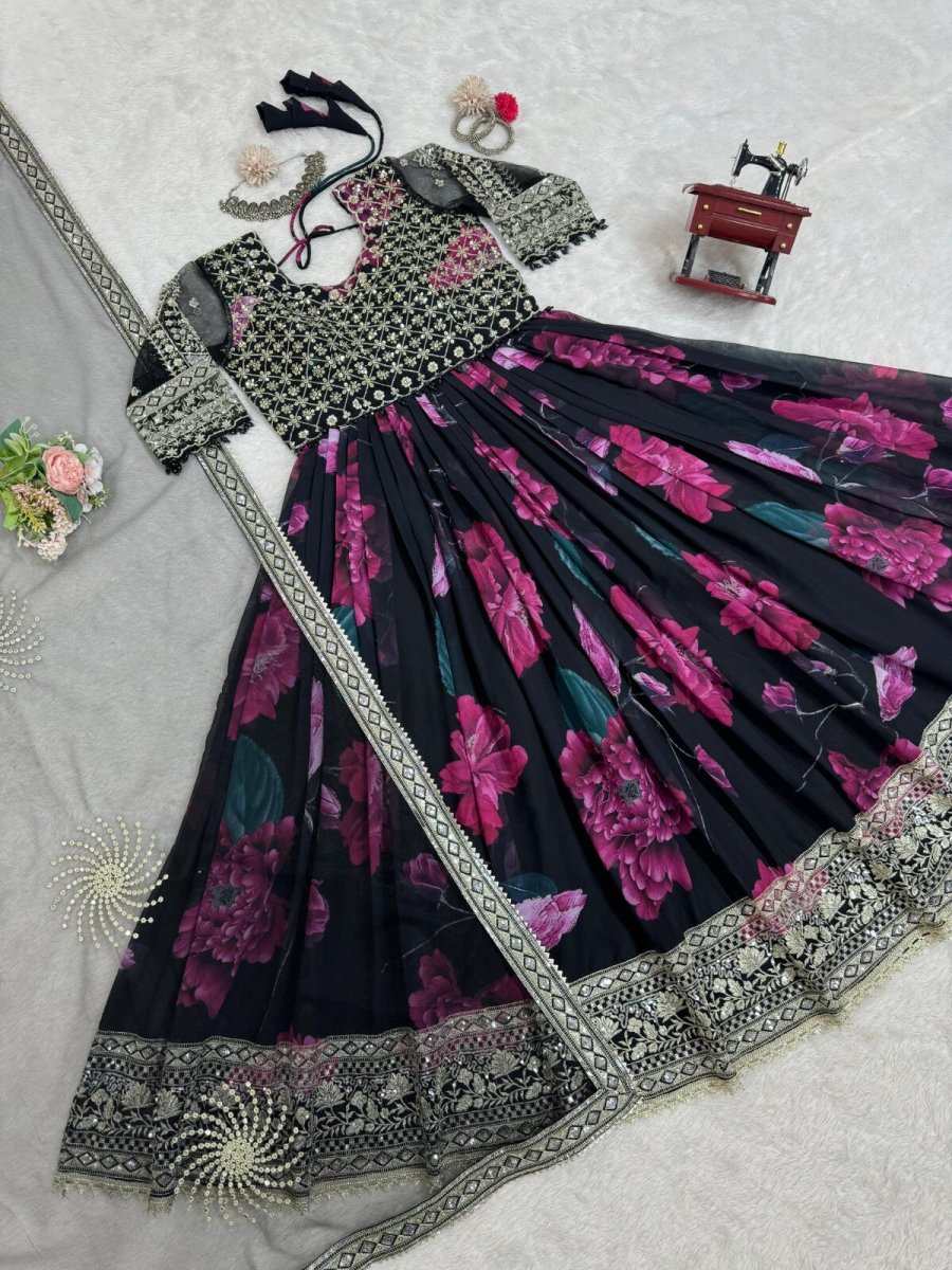 Indian Anarkali Style Georgette Fabric Gown with Dupatta - Party Wear Dress - 001FASHIONFORWARD