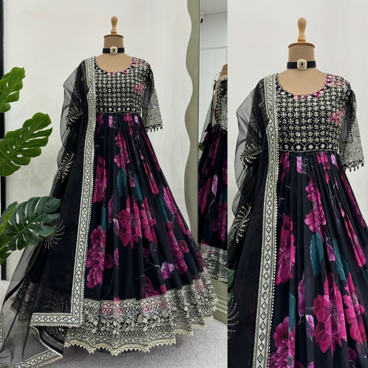 Indian Anarkali Style Georgette Fabric Gown with Dupatta - Party Wear Dress - 001FASHIONFORWARD