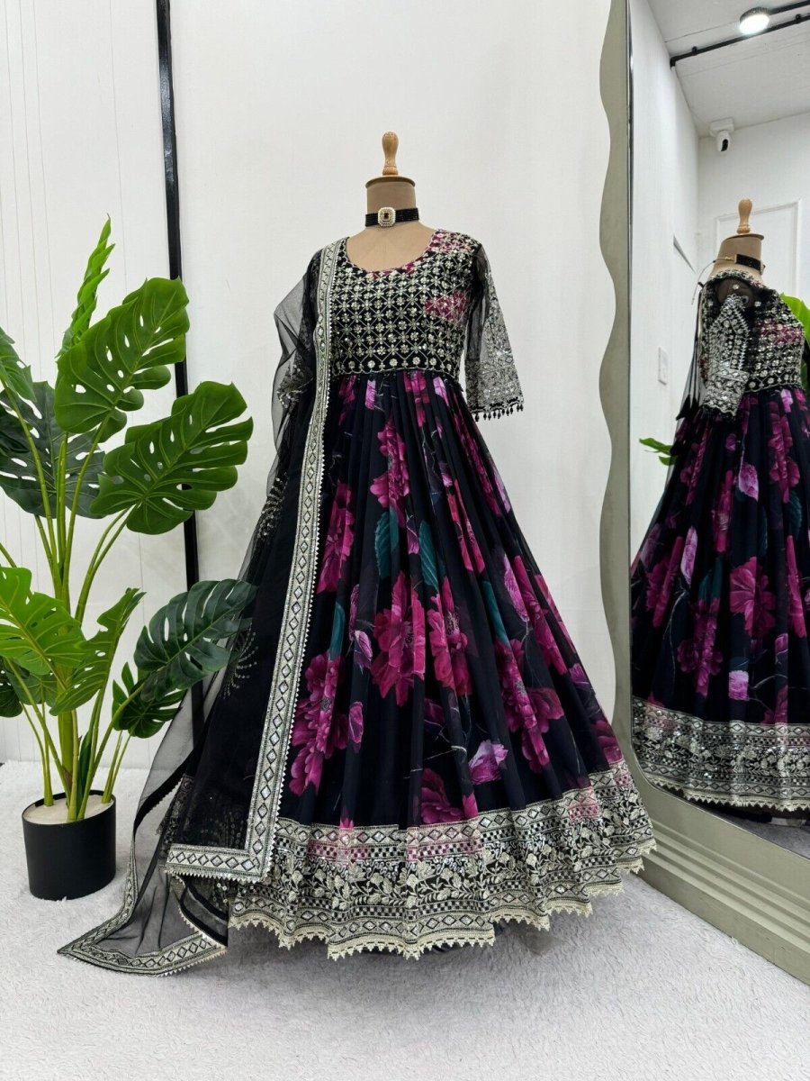 Indian Anarkali Style Georgette Fabric Gown with Dupatta - Party Wear Dress - 001FASHIONFORWARD