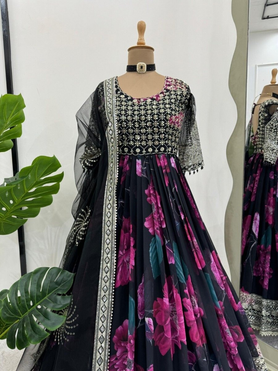 Indian Anarkali Style Georgette Fabric Gown with Dupatta - Party Wear Dress - 001FASHIONFORWARD
