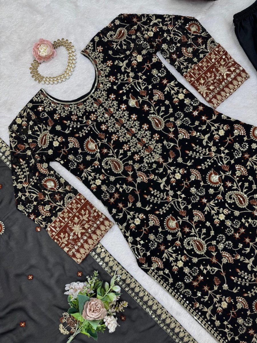 Indian Azrakh Women Kurta Black Designer Dress Ethnic Top Bollywood Gown Dress - 001FASHIONFORWARD