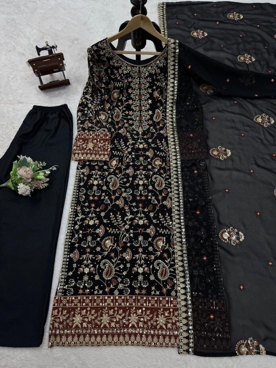 Indian Azrakh Women Kurta Black Designer Dress Ethnic Top Bollywood Gown Dress - 001FASHIONFORWARD
