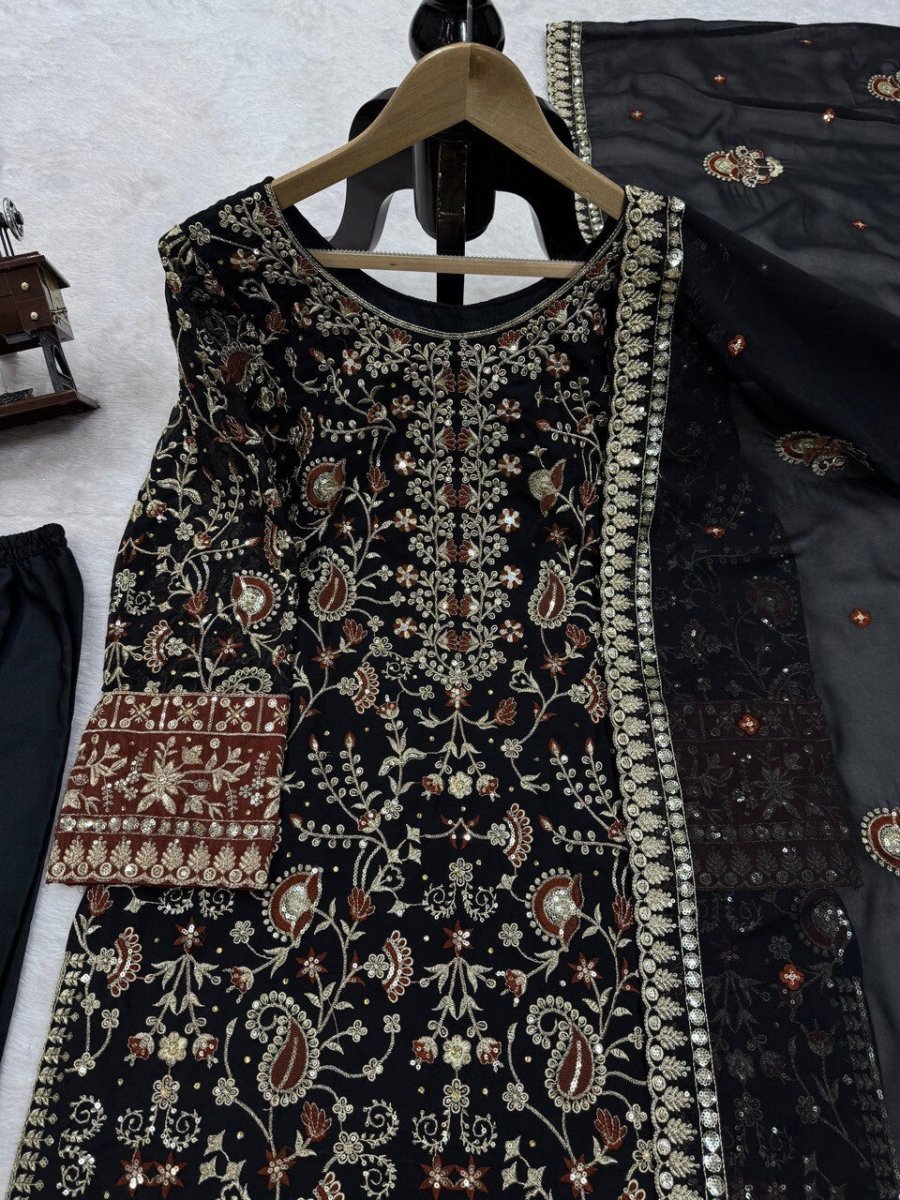 Indian Azrakh Women Kurta Black Designer Dress Ethnic Top Bollywood Gown Dress - 001FASHIONFORWARD
