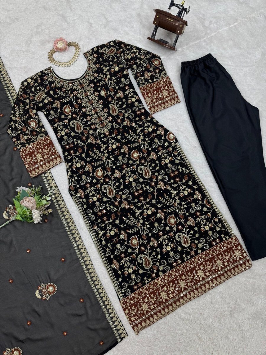 Indian Azrakh Women Kurta Black Designer Dress Ethnic Top Bollywood Gown Dress - 001FASHIONFORWARD