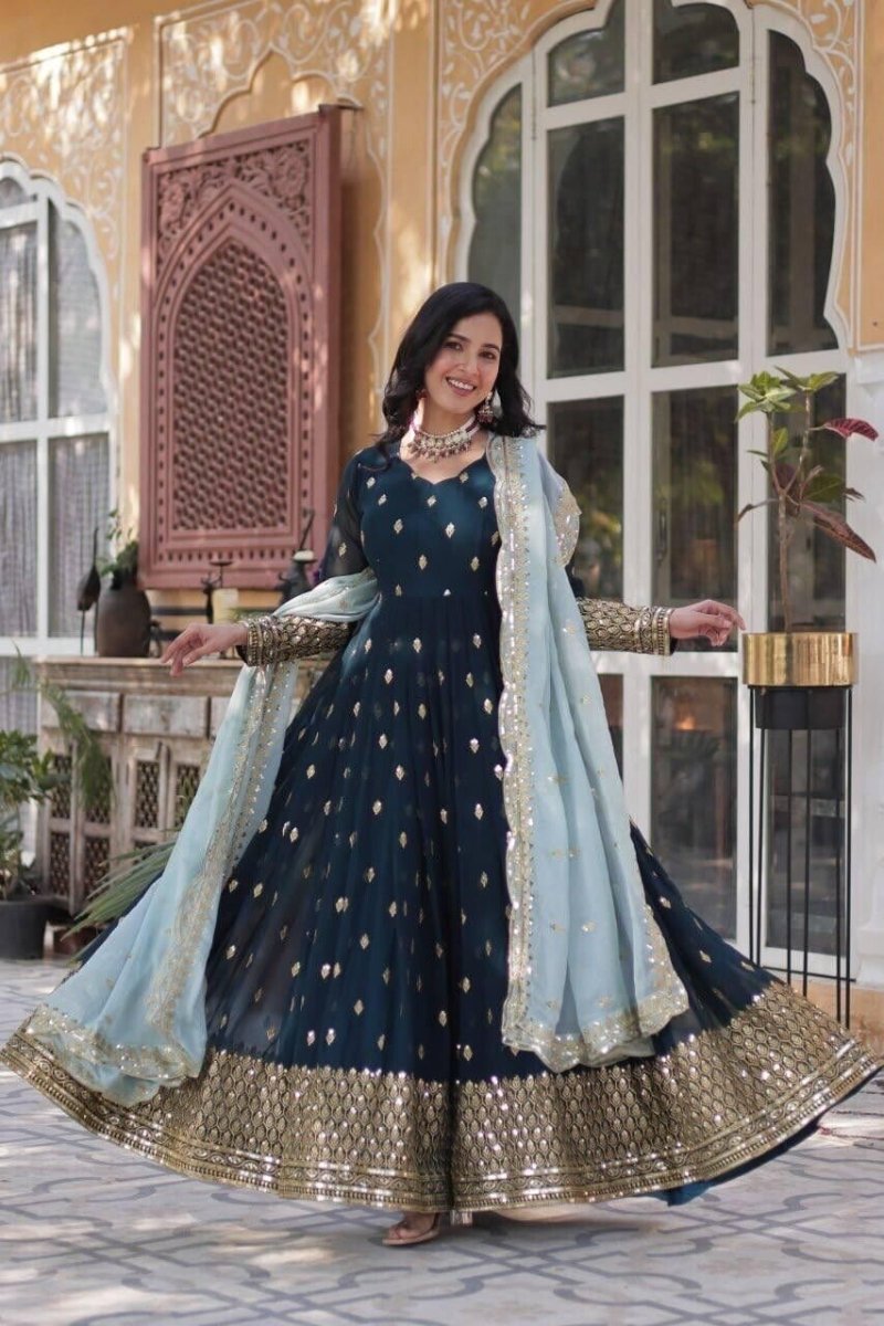 Indian Bollywood Bridal Party Heavy Pakistani Flared Anarkali Wedding Gown - 001FASHIONFORWARD