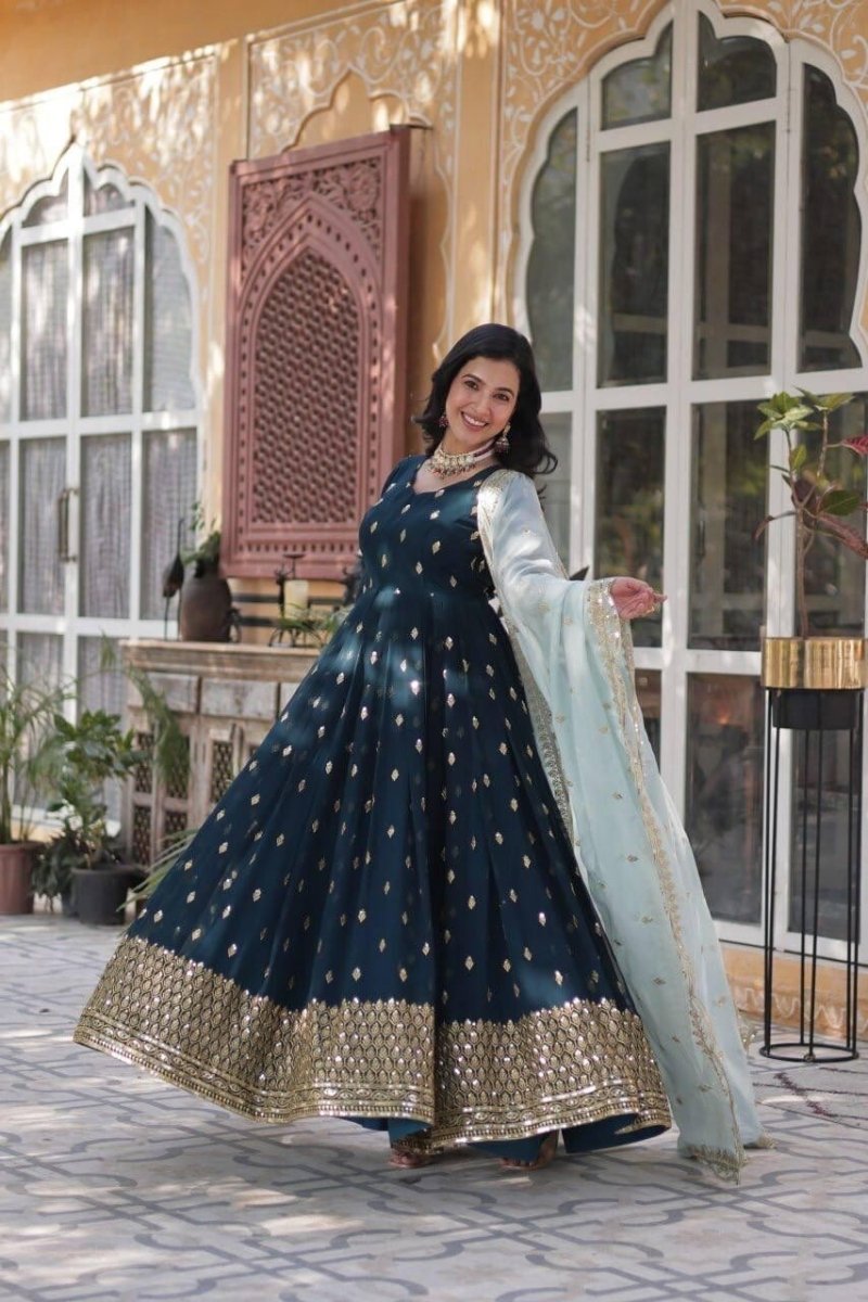 Indian Bollywood Bridal Party Heavy Pakistani Flared Anarkali Wedding Gown - 001FASHIONFORWARD
