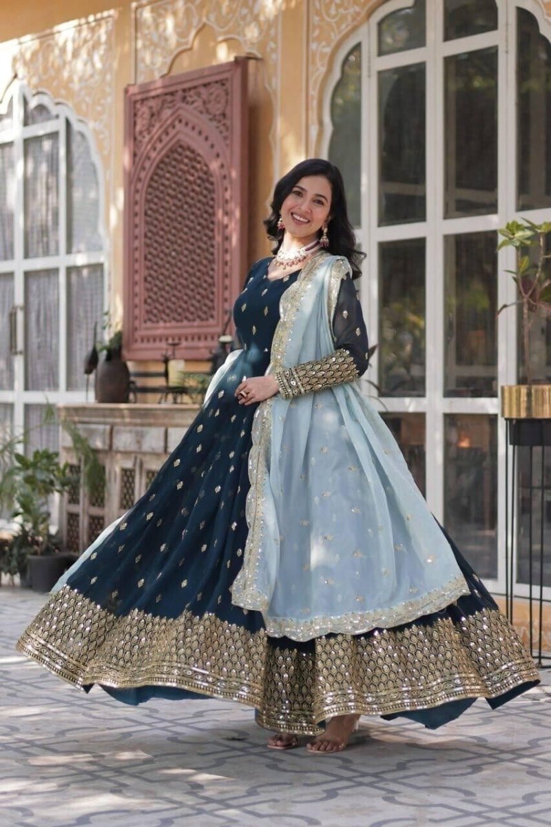 Indian Bollywood Bridal Party Heavy Pakistani Flared Anarkali Wedding Gown - 001FASHIONFORWARD