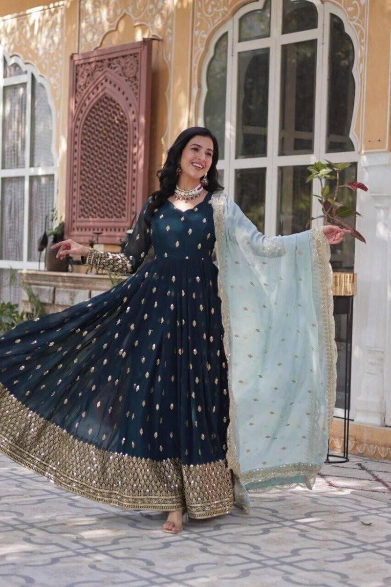Indian Bollywood Bridal Party Heavy Pakistani Flared Anarkali Wedding Gown - 001FASHIONFORWARD
