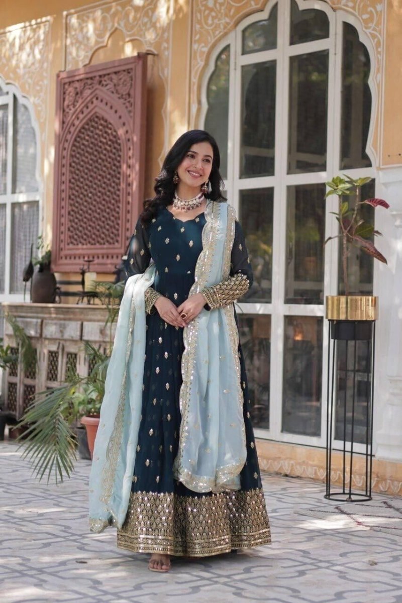 Indian Bollywood Bridal Party Heavy Pakistani Flared Anarkali Wedding Gown - 001FASHIONFORWARD