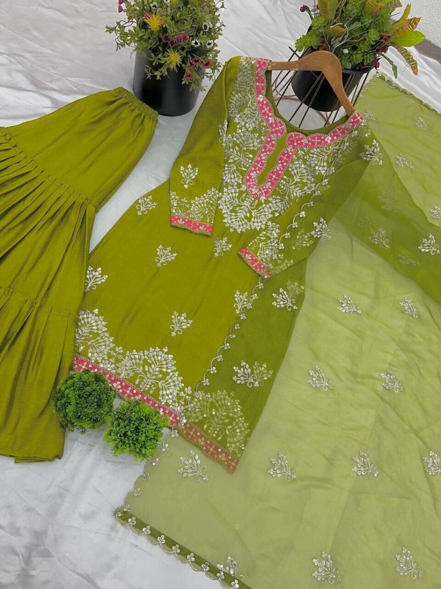 Indian Bollywood Wedding Designer Green Sharara Suit with Heavy Embroidery - 001FASHIONFORWARD