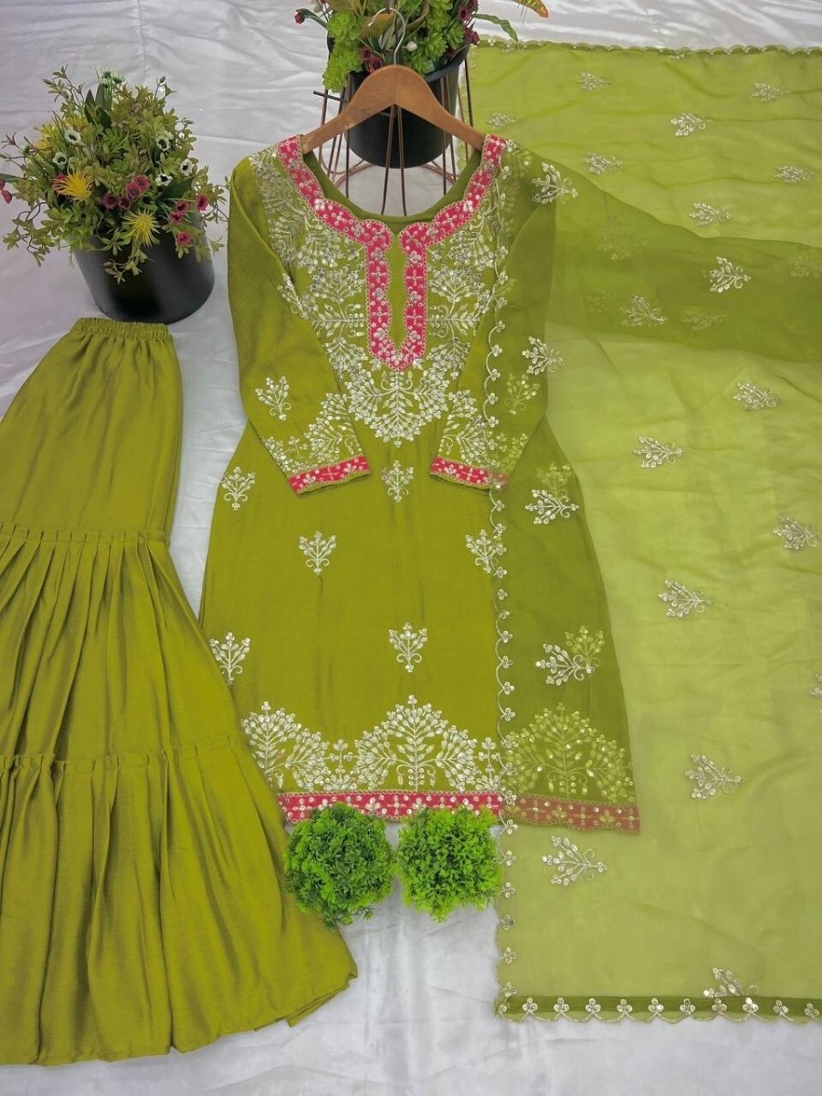Indian Bollywood Wedding Designer Green Sharara Suit with Heavy Embroidery - 001FASHIONFORWARD