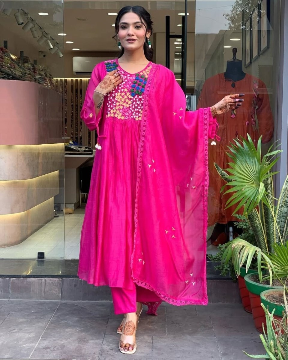 Indian Cotton Pink Embroidered Anarkali Flared Gown Kurti Dress Tunic Style - 001FASHIONFORWARD
